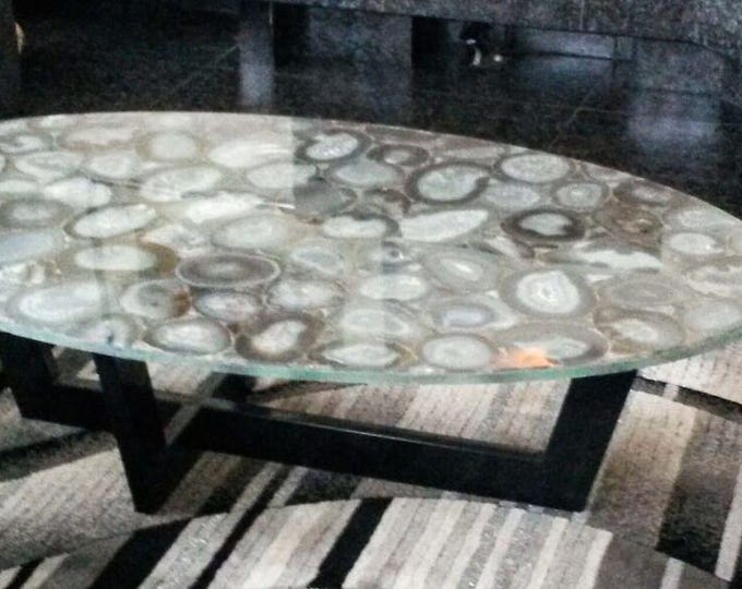 Oval White Agate Table Top | Luxury Gemstone Coffee Dining Table Unique Designer Decor | (Customisable)