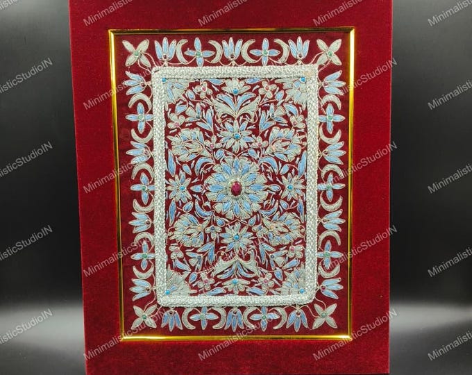 Handcrafted Zardozi Floral Wall Art | Silver Blue Embroidery, Red Velvet