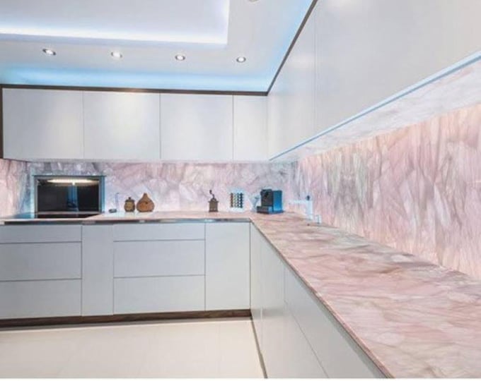 Custom Rose Quartz Countertop | Pink Gemstone Kitchen & Bath