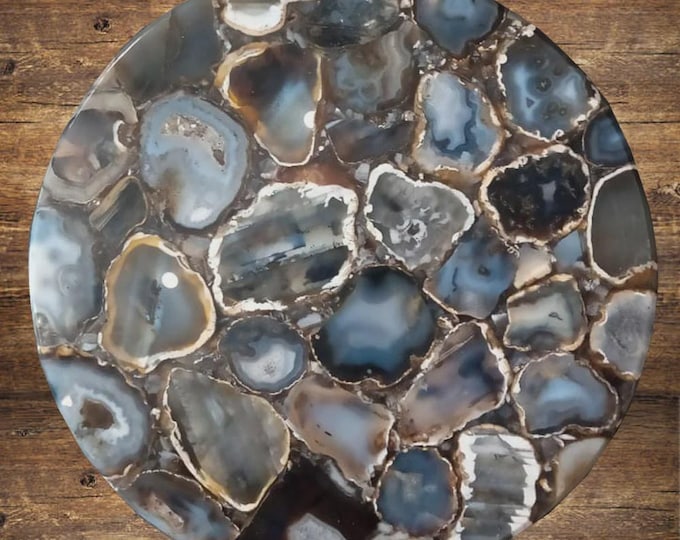 Grey Agate Round Table Top | Natural Gemstone, Polished Finish