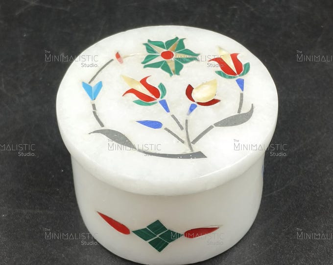 Handcrafted White Marble Inlay Box | Pietra Dura Floral Trinket Holder