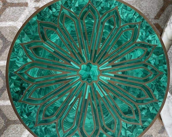 Handmade Malachite Table Top | Brass Inlay Geometric Flower