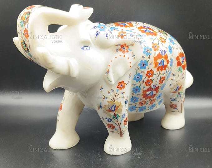Handmade White Marble Elephant Figurine | Pietra Dura Gemstone Inlay