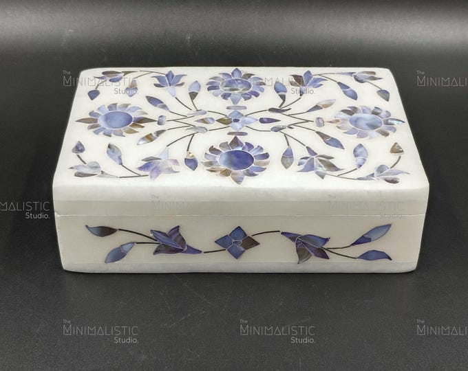 Handcrafted White Marble Jewelry Box | Blue Floral Pietra Dura Inlay