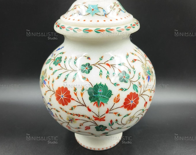 Handmade Makrana Marble Floral Inlay Jar | Pietra Dura Art