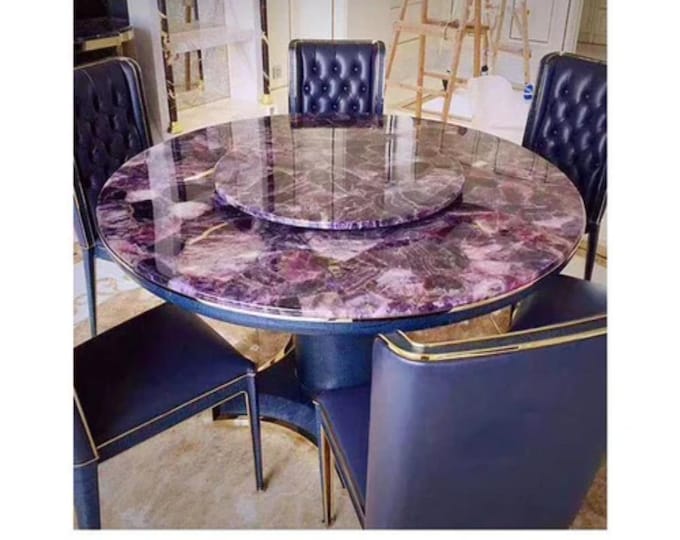 Round Amethyst Gemstone Table Top | Purple Crystal, Customizable