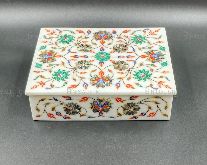 White Marble Inlay Jewelry Box | Pietra Dura Floral Art
