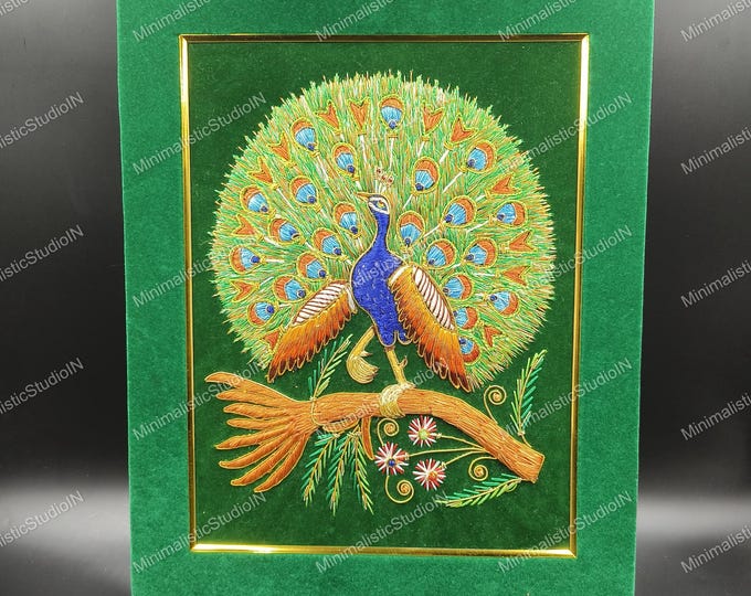 Handcrafted Peacock Zardozi Embroidery Wall Art | Green Velvet