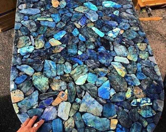 Oval Labradorite Gemstone Table Top | Blue Crystal | Dining Coffee Table | (Customisable)