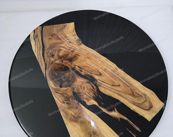 Handmade Acacia Wood & Black Resin Table Top | Modern Round Slab (Customisable)