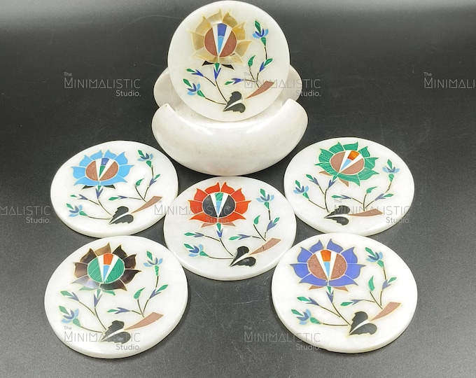 Handmade Marble Coaster Set | Floral Pietra Dura Art, Mughal Decor