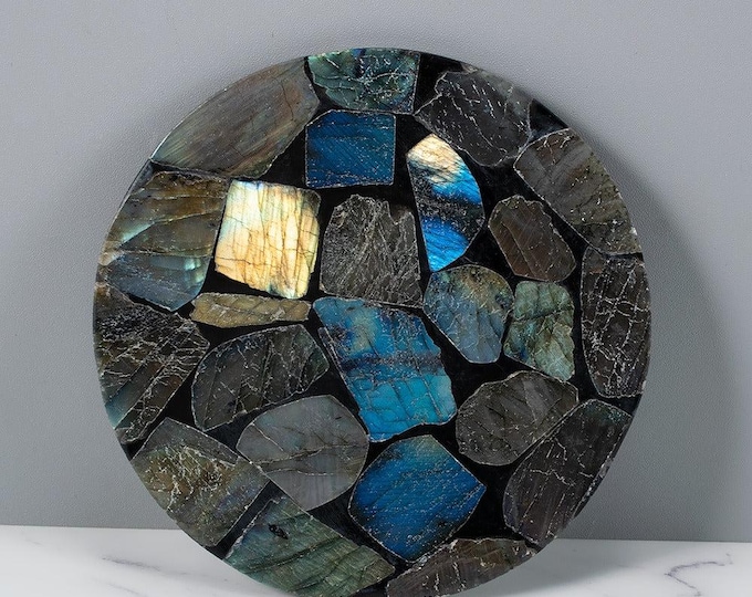 Round Labradorite Table Top | Blue Crystal Mosaic | Side Coffee Dining Table | (Customisable)