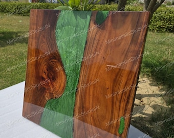 Handcrafted Acacia Wood Green Epoxy River Table Top | Modern Square Dining, Desk, Coffee Table Top | Luxury Statement (Customisable)