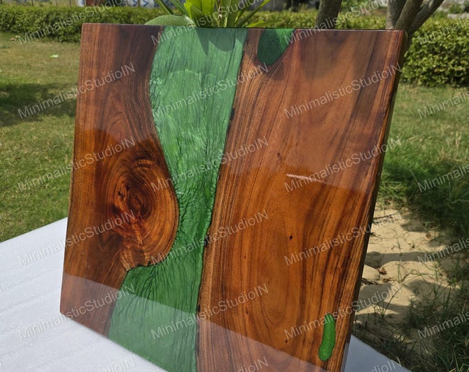 Handcrafted Acacia Wood Green Epoxy River Table Top | Modern Square Dining, Desk, Coffee Table Top | Luxury Statement (Customisable)