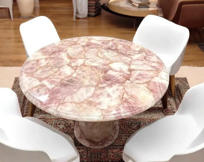 Round Rose Quartz Table Top | Pink Crystal Gemstone Luxury | Coffee Dining Table | (Customisable)