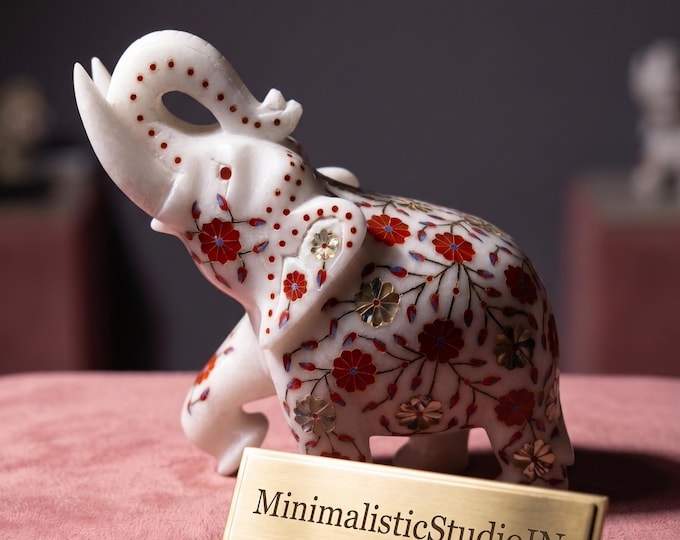 Marble Elephant Statue | Handmade White Inlay Decor | 9 Inch