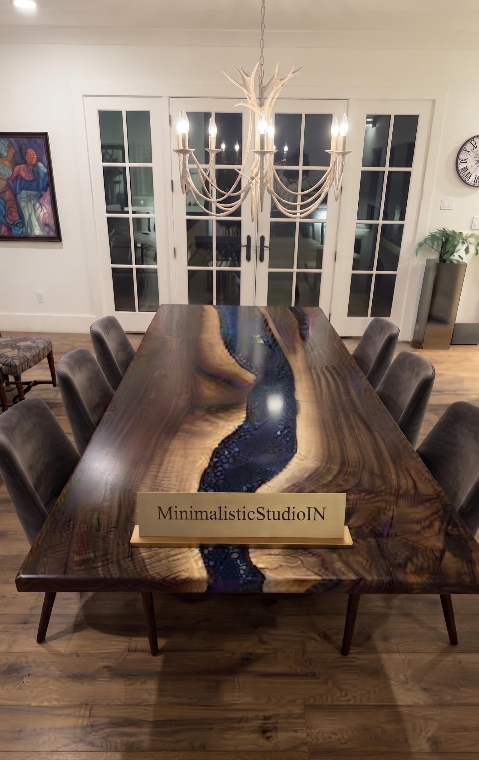 Dark Acacia Wood Resin River Table Top | Live Edge Dining Top