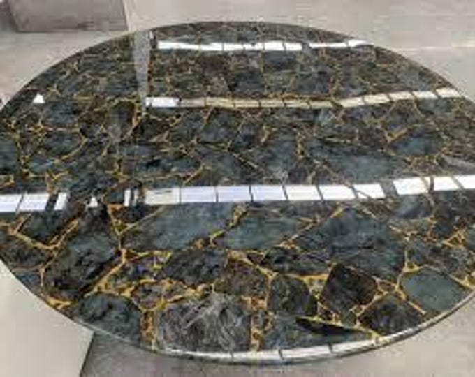 Round Labradorite Stone Table Top | Custom Iridescent Centerpiece