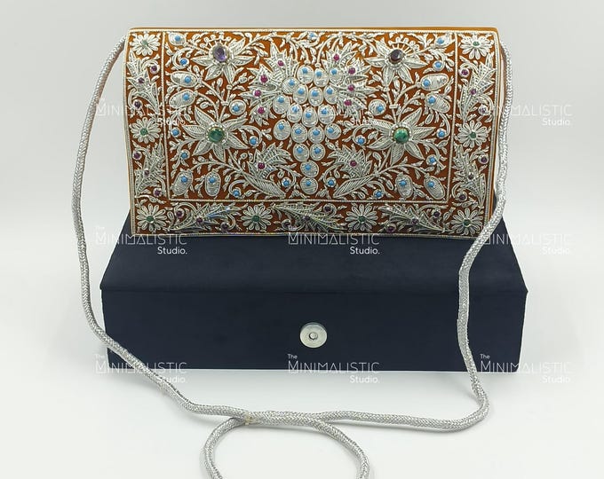 Handmade Zardozi Gemstone Clutch | Tan & Silver Floral Purse