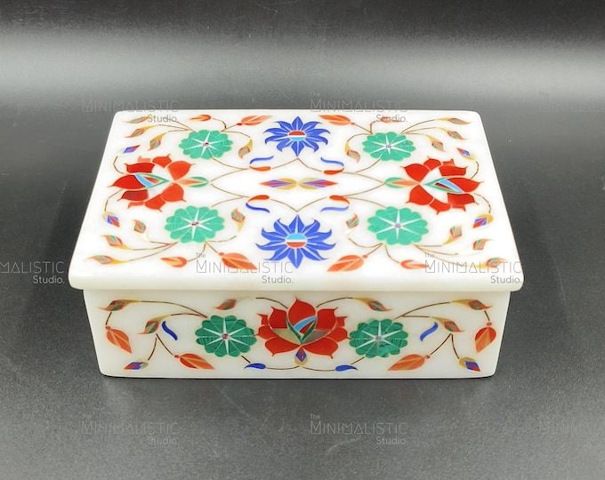 Handmade White Marble Inlay Box | Floral Pietra Dura Art, 6x4 Inches