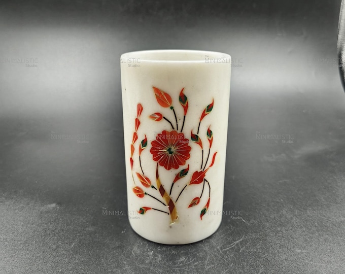 Handmade White Marble Pen Holder – Pietra Dura Floral Inlay, Mughal Art