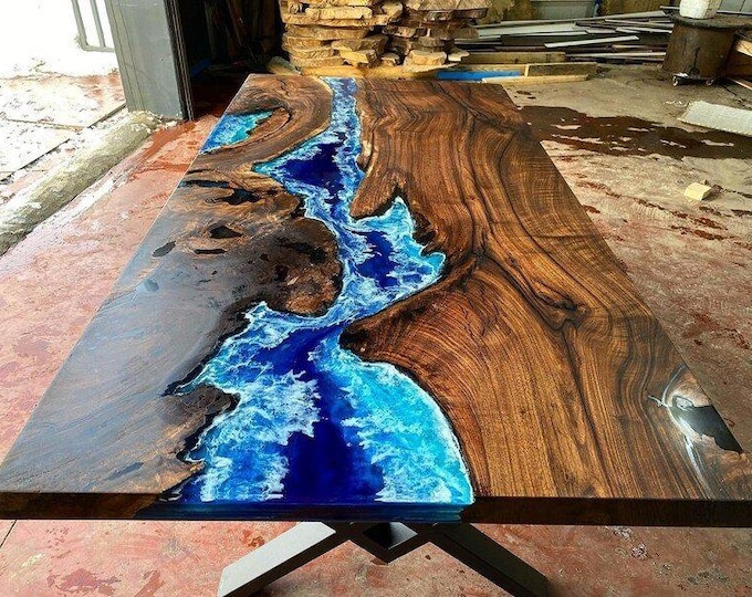 Acacia Wood Blue River Epoxy Table Top | Handmade Live Edge Resin Dining Table