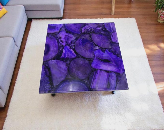 Square Purple Agate Table Top | Luxury Crystal Coffee Dining Table Unique Statement Piece | (Customisable)