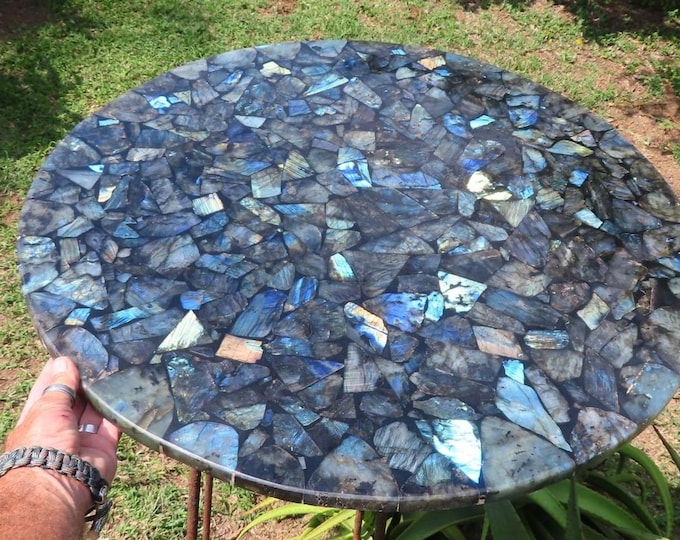 Round Labradorite Gemstone Table Top | Blue Crystal | Coffee Dining Table | (Customisable)