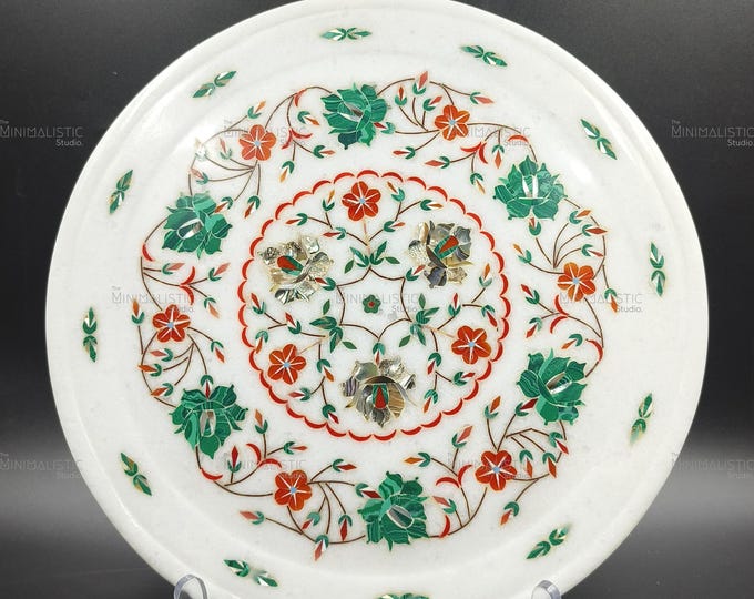 Handmade Marble Inlay Plate – Floral Pietra Dura Art, 12 Inch