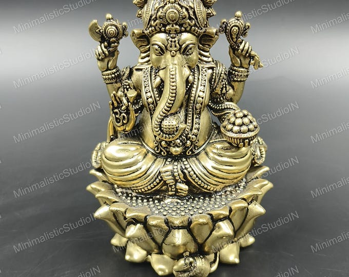 Golden Brass Ganesha Statue | Hindu Elephant God, Lotus Base (4 Inch)