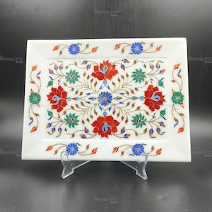 Handmade Marble Inlay Tray – Floral Pietra Dura Plate for Wall or Table Decor – White Marble with Stone Art