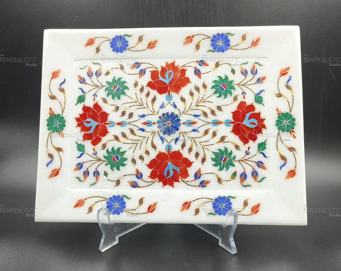 Handmade Marble Inlay Tray – Floral Pietra Dura Stone Art