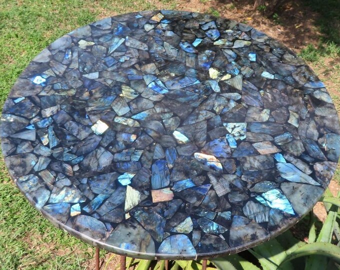 Round Labradorite Stone Table Top | Mosaic Inlaid Slab (Customisable)
