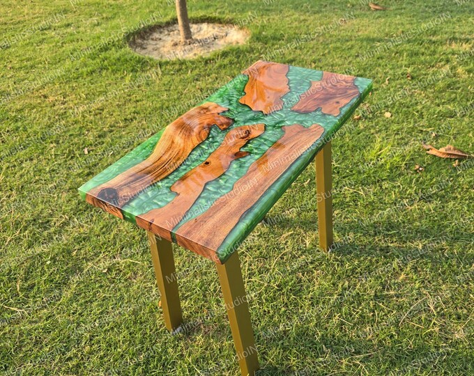 Handmade Live Edge Acacia Wood Table Top | Green Epoxy Resin Art
