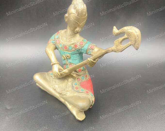 Golden Brass Fisherman Statue | Enamel Inlay, Indian Tribal Art