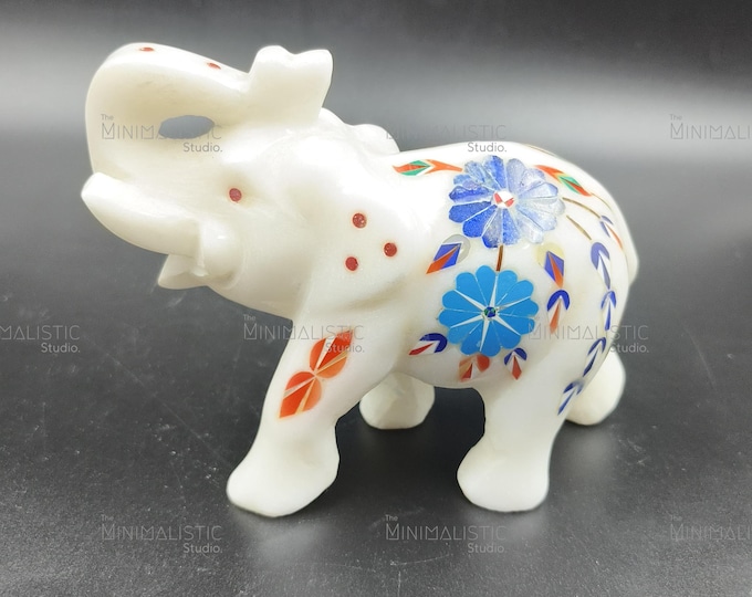 Makrana Marble Elephant Figurine | Lapis Coral Stone Inlay, Indian Art