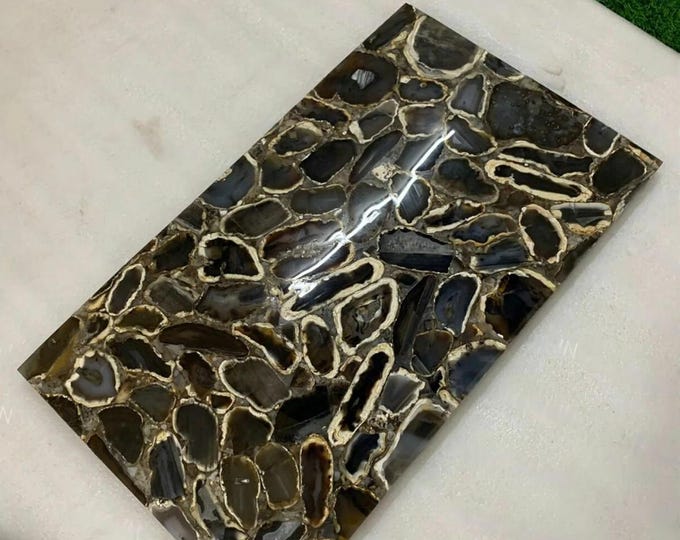 Rectangular Black Agate Table Top | Gemstone Crystal Art | Dining Coffee Table | (Customisable)
