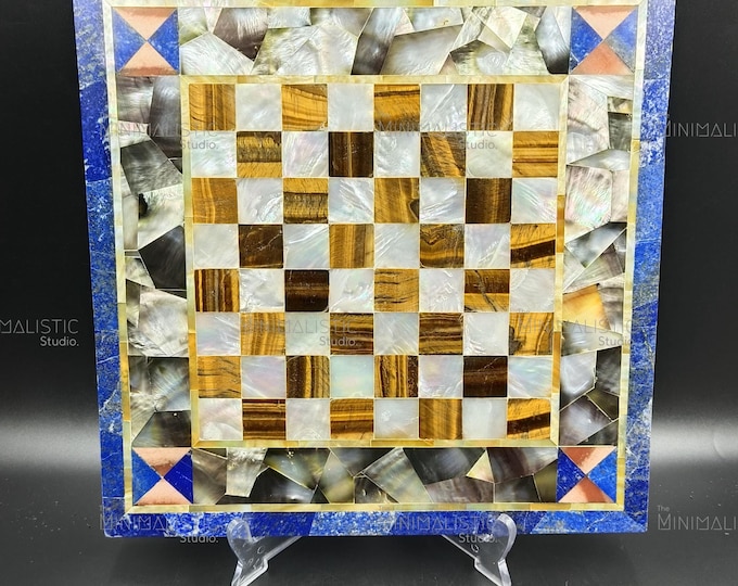 Handmade Marble Chess Board | Tiger Eye & Mother of Pearl Inlay