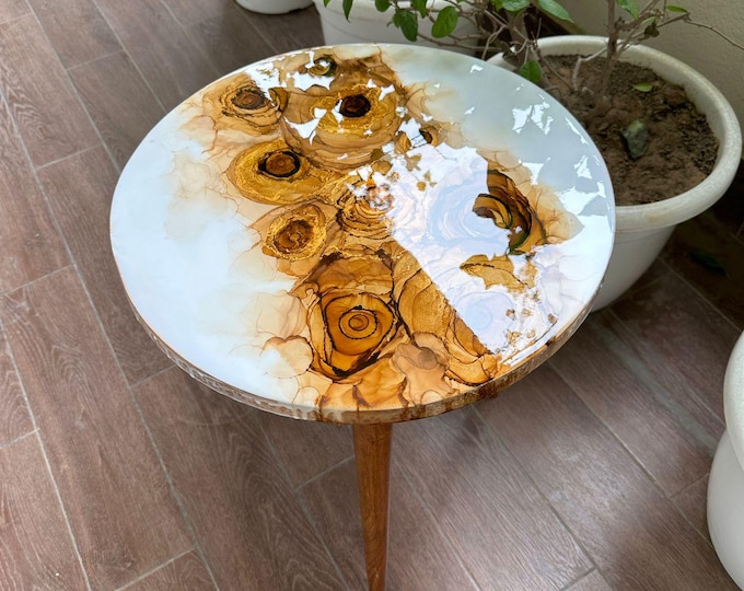 White & Gold Epoxy Acacia Table Top | Round Side or Coffee Table (Customizable)