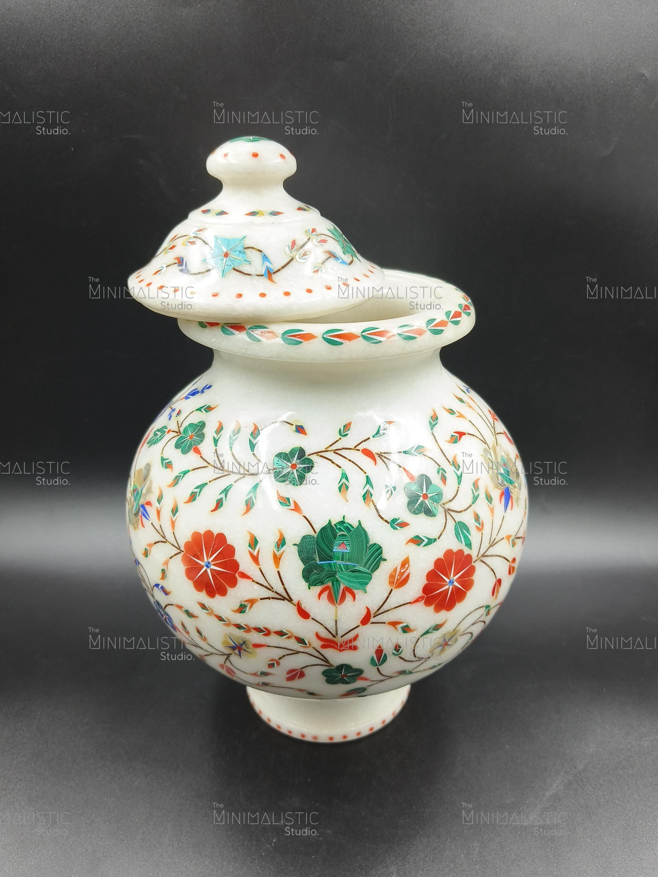 マクラナ大理石花象嵌蓋付き瓶｜手作り石鉢｜装飾壷瓶｜インドの室内