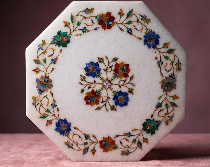 Octagon Marble Table Top | 12 Inch Handmade Gemstone Inlay White Marble Inlay Top