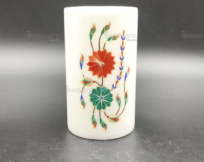 Handmade Marble Pen Holder – Floral Inlay Desk Organizer, Mughal Art