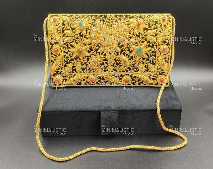 Zardozi Gemstone Velvet Clutch | Gold Floral Embroidery, Multiway Sling