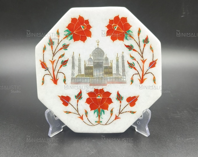 Taj Mahal Marble Inlay Plate | Octagonal White Marble Home Decor | Handmade Indian Craft