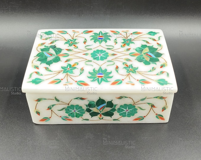 Handmade Makrana Marble Keepsake Box | Green Floral Pietra Dura Inlay