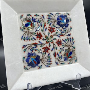 Handmade Marble Inlay Square Tray | White Makrana Marble | Pietra Dura Floral Art | Decorative Serving Dish | Luxury Gift Idea