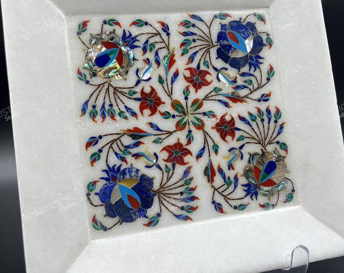 Handmade Marble Inlay Square Tray | Pietra Dura Floral Art
