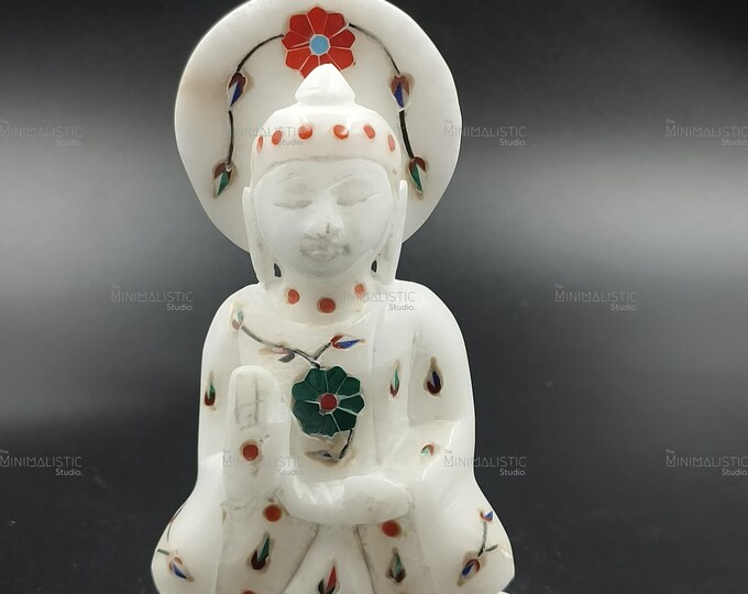 Handmade Marble Buddha Statue with Stone Inlay | 4 Inch