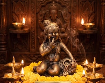 Lord Little Krishna Brass Statue | Handmade Spiritual Home Decor | Pooja Room Idol |  8.5 Inch