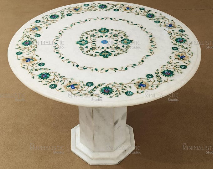 Handmade Marble Inlay Table Top | Green Floral Pietra Dura Art